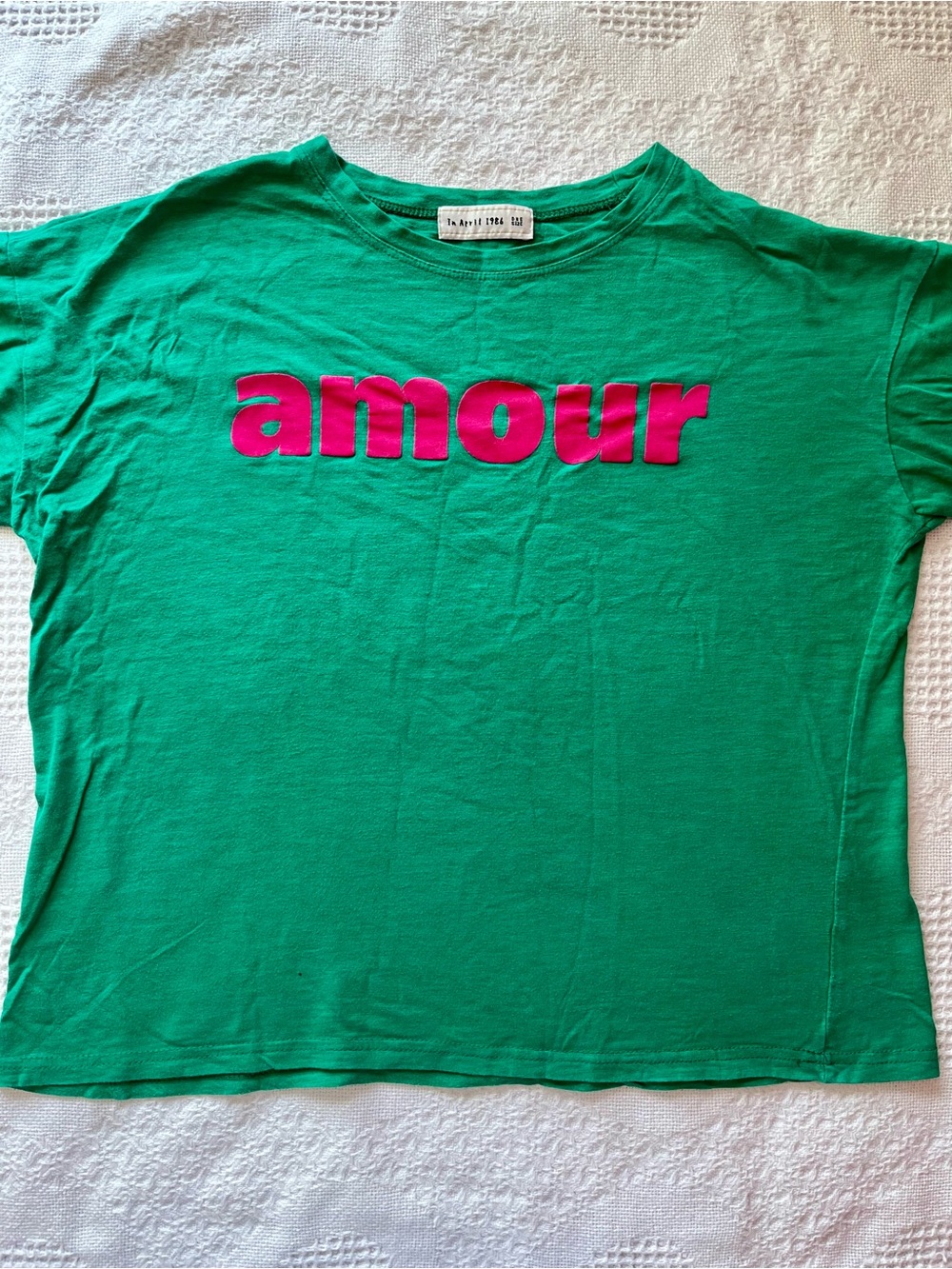 Green 'Amour' Short Sleeve Tee with Pink Graphic by IN APRIL 1986,